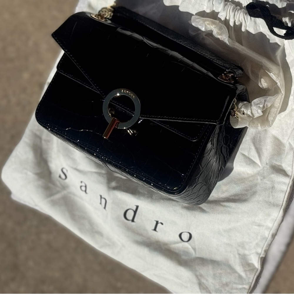 Sandro Black Croc-Embossed Patent Leather Crossbody Bag with Gold Ring Clasp - Picture 7 of 16